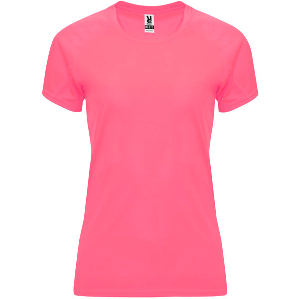Camiseta técnica BAHRAIN WOMAN en color rosa lady fluor — estampación y bordado de tu diseño