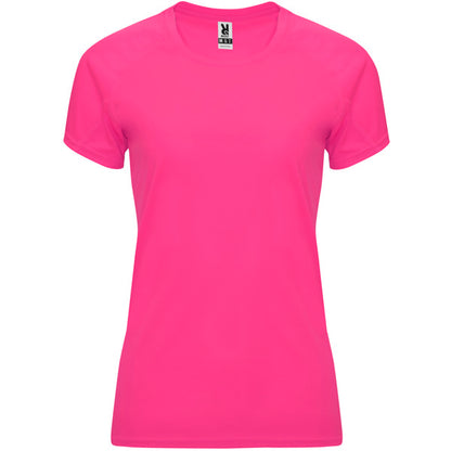 Camiseta técnica BAHRAIN WOMAN en color rosa fluor — estampación y bordado de tu diseño