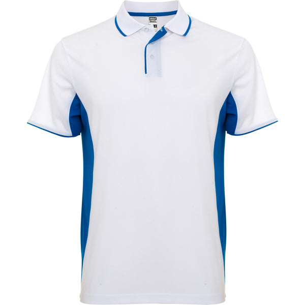 Polo técnico MONTMELO en color blanco/royal, personalización a medida en Gráficas Hugo