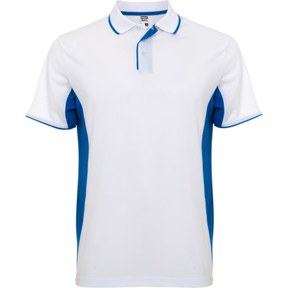 Polo técnico MONTMELO en color blanco/royal, personalización a medida en Gráficas Hugo