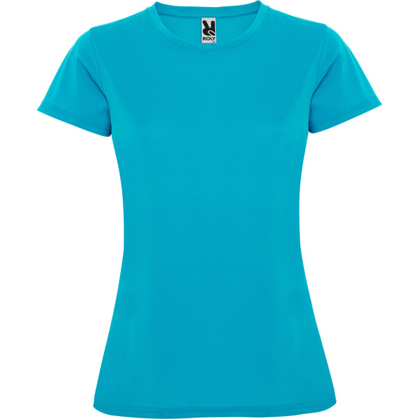 Camiseta técnica MONTECARLO WOMAN en color turquesa — estampación y bordado de tu diseño