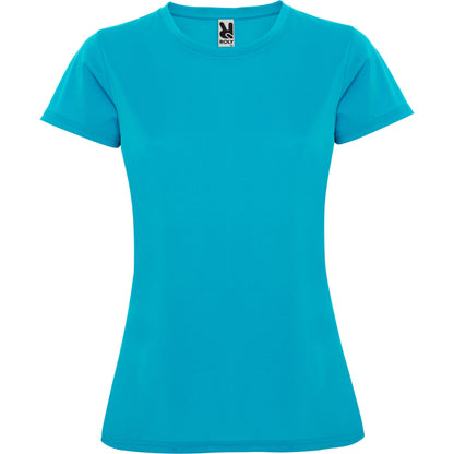 Camiseta técnica MONTECARLO WOMAN en color turquesa — estampación y bordado de tu diseño