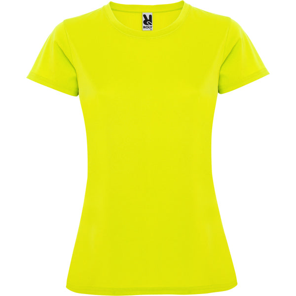 Camiseta técnica MONTECARLO WOMAN en color amarillo fluor, personalización a medida en Gráficas Hugo
