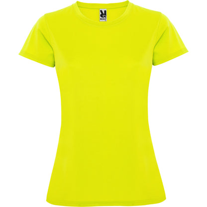 Camiseta técnica MONTECARLO WOMAN en color amarillo fluor, personalización a medida en Gráficas Hugo