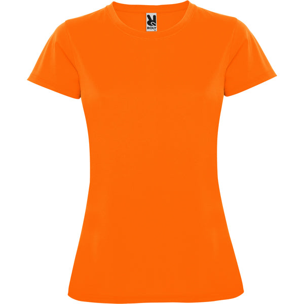 Camiseta técnica MONTECARLO WOMAN en color naranja fluor — estampación y bordado de tu diseño