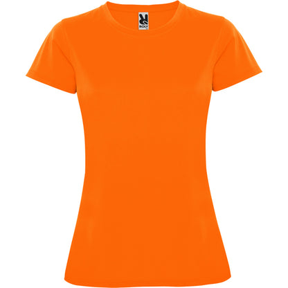 Camiseta técnica MONTECARLO WOMAN en color naranja fluor — estampación y bordado de tu diseño