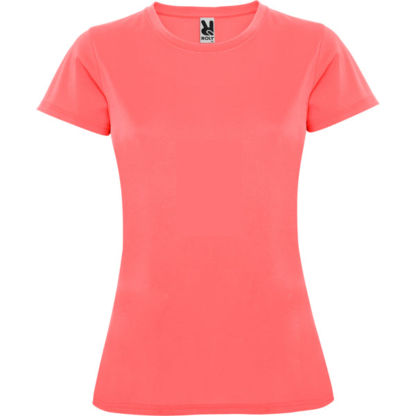Camiseta técnica MONTECARLO WOMAN en color coral fluor, personalización a medida en Gráficas Hugo