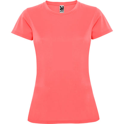 Camiseta técnica MONTECARLO WOMAN en color coral fluor, personalización a medida en Gráficas Hugo