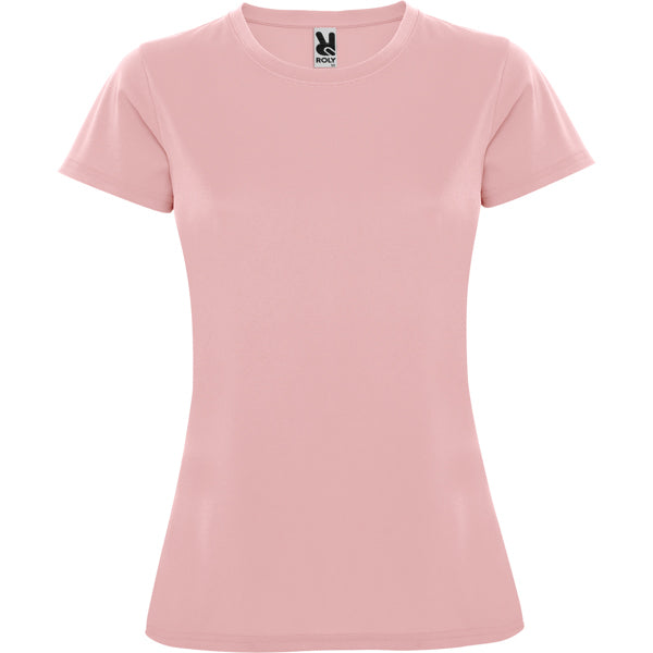 Camiseta técnica MONTECARLO WOMAN en color rosa claro — estampación y bordado de tu diseño