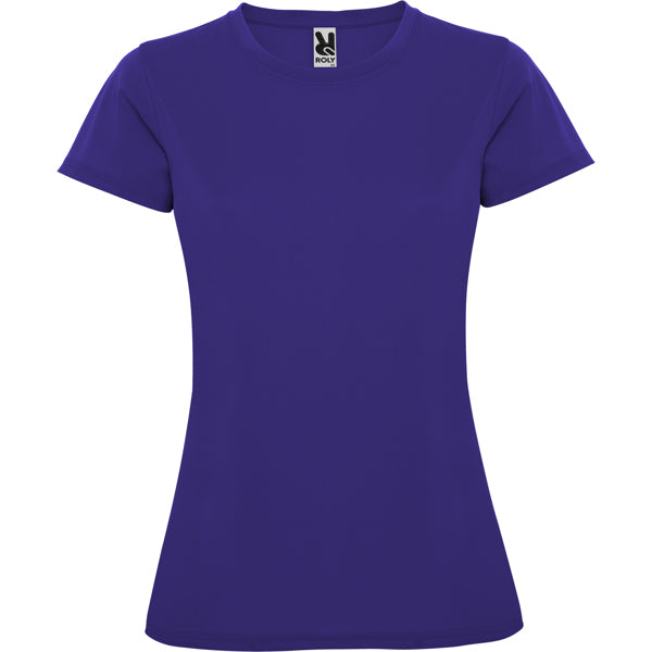 Camiseta técnica MONTECARLO WOMAN en color morado, personalización a medida en Gráficas Hugo