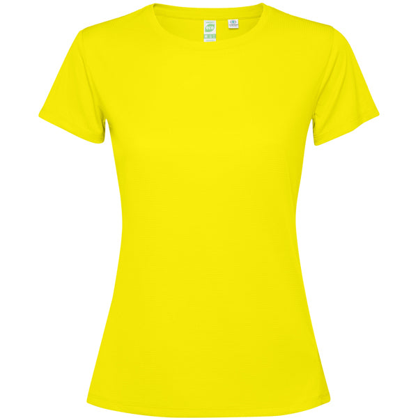Camiseta técnica ESTORIL WOMAN en color amarillo fluor — estampación y bordado de tu diseño