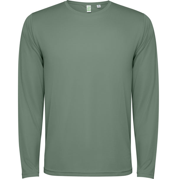 Camiseta técnica ESTORIL L/S en color verde laurel — estampación y bordado de tu diseño