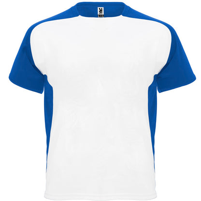 Camiseta técnica BUGATTI en color blanco/royal, personalización a medida en Gráficas Hugo