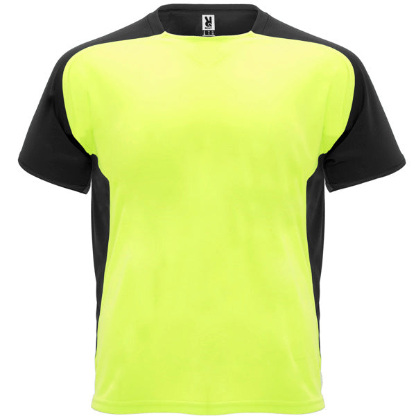 Camiseta técnica BUGATTI en color amarillo fluor/ negro, personalización a medida en Gráficas Hugo