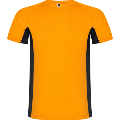 Camiseta técnica SHANGHAI en color naranja fluor/negro, personalización a medida en Crea41