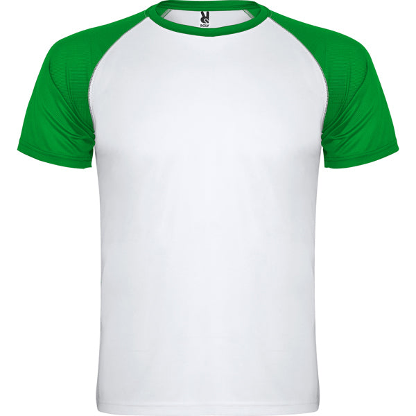Camiseta técnica INDIANAPOLIS en color blanco/verde helecho — estampación y bordado de tu diseño