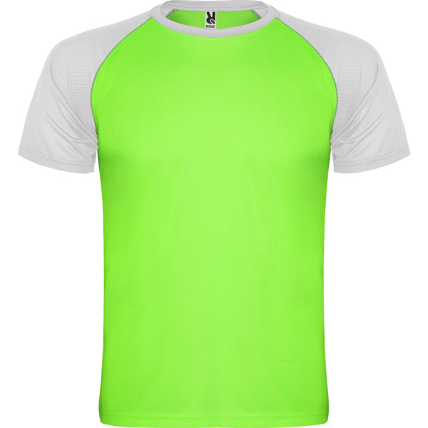 Camiseta técnica INDIANAPOLIS en color verde fluor/blanco — estampación y bordado de tu diseño