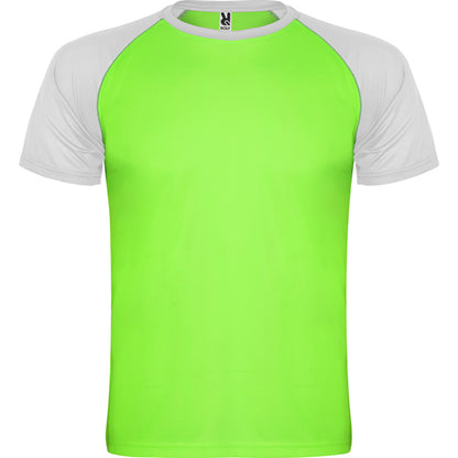 Camiseta técnica INDIANAPOLIS en color verde fluor/blanco — estampación y bordado de tu diseño