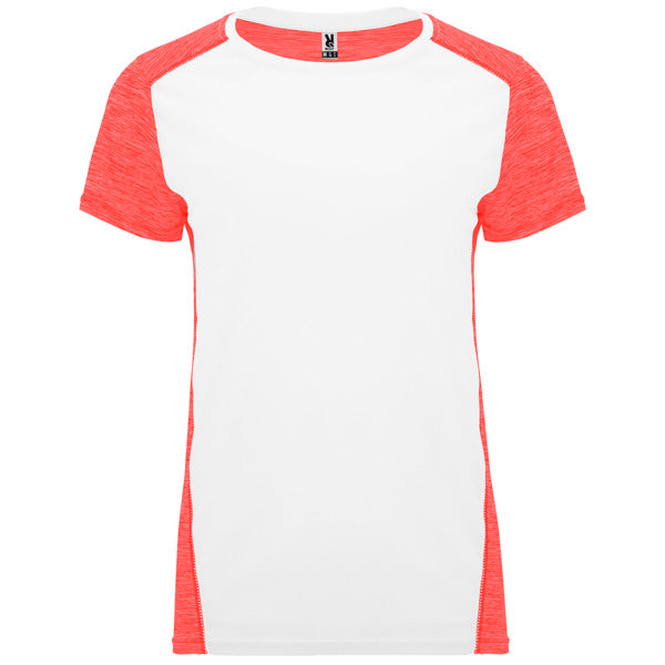 Camiseta técnica ZOLDER WOMAN en color blanco/coral fluor vigore, personalización a medida en Crea41