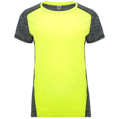 Camiseta técnica ZOLDER WOMAN en color amarillo fluor/negro vigore para personalizar con tu logo, nombre o foto
