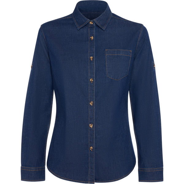 Camisa LUJAN WOMAN en color vaquero — estampación y bordado de tu diseño